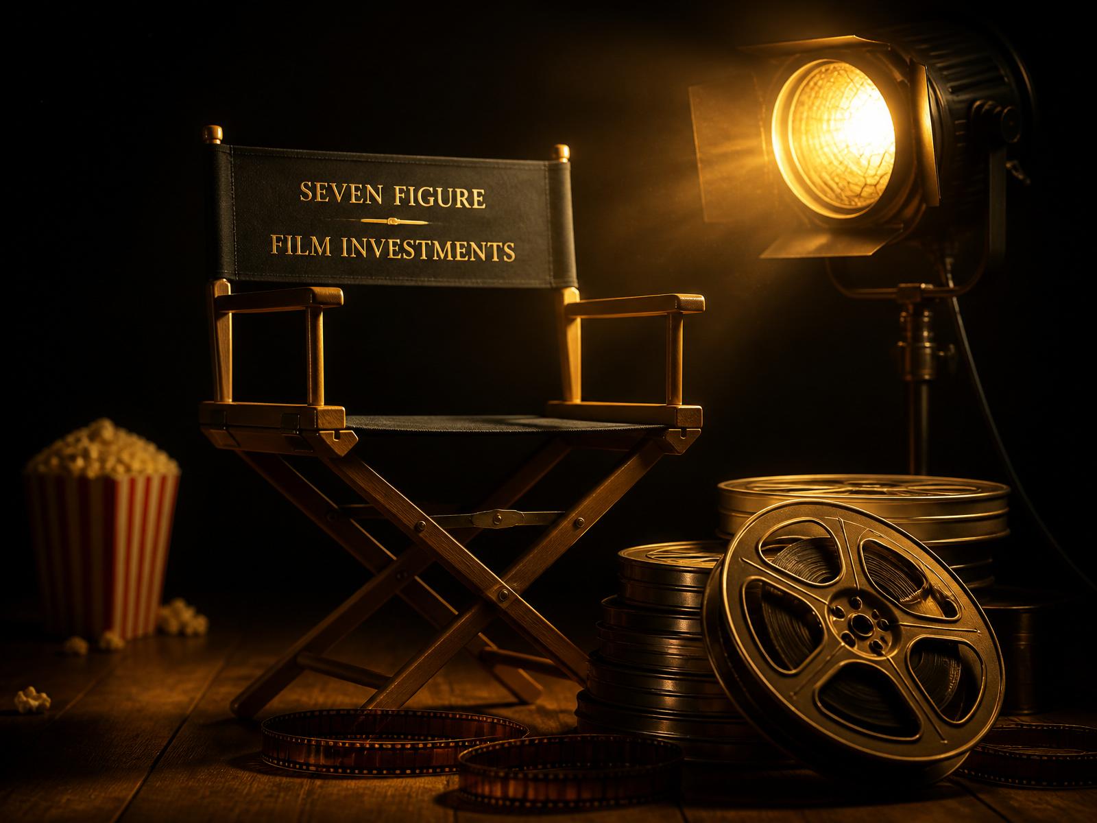 Director's chair, film reel and stage light. Cinematic film investment